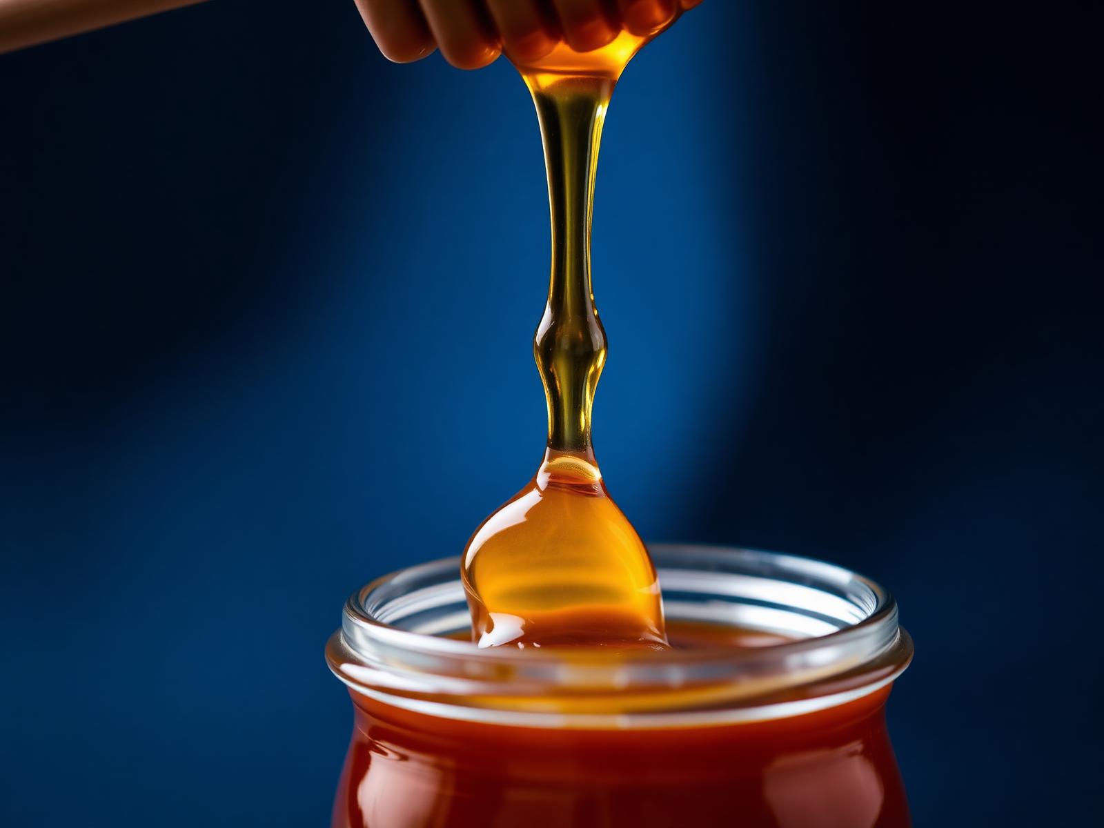 Raw golden honey dripping from a wooden dipper into a glass jar